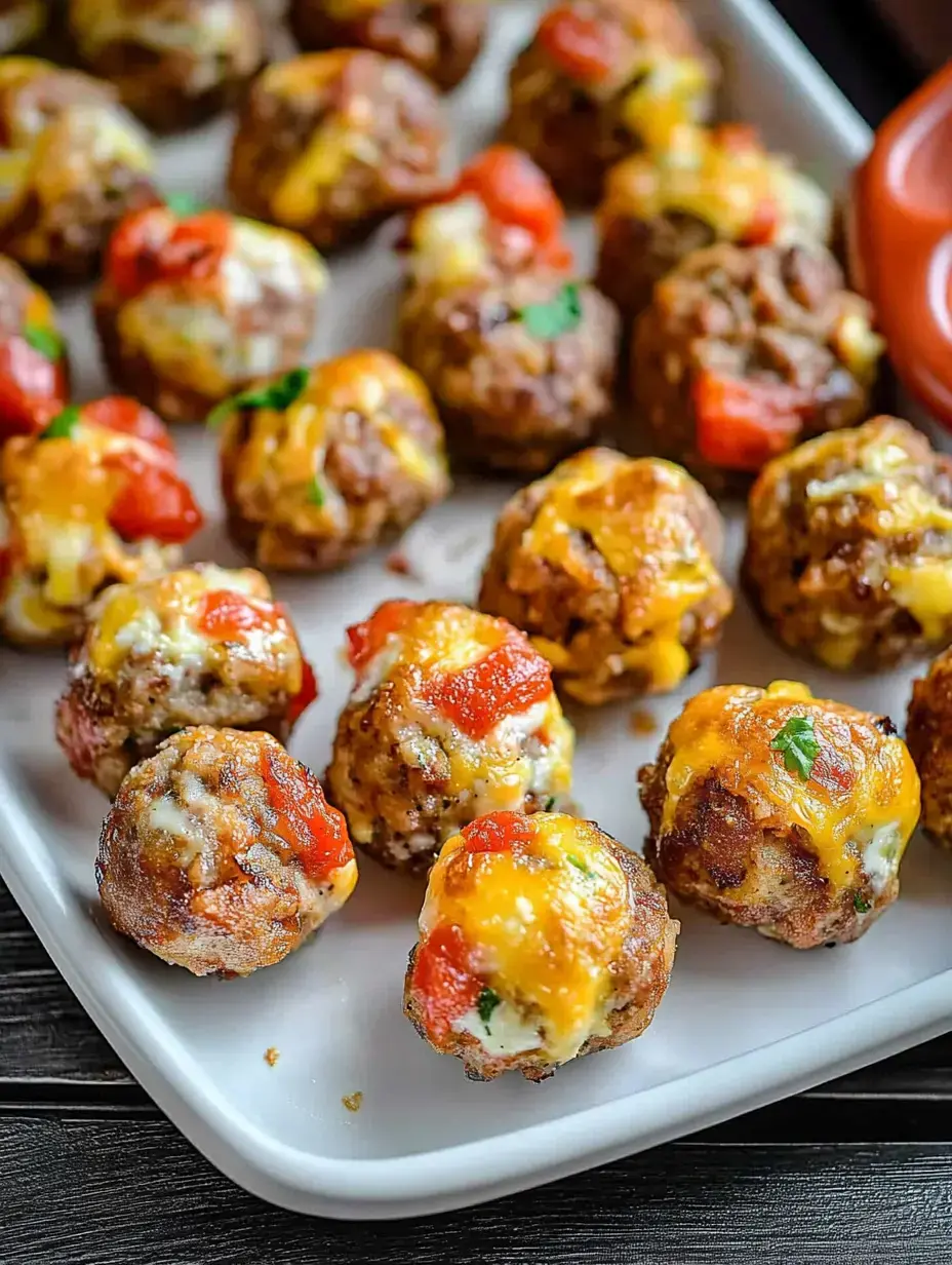 Un grand plat blanc rempli de boulettes dorées nappées de fromage fondu, de tomates en dés et d’herbes fraîches.