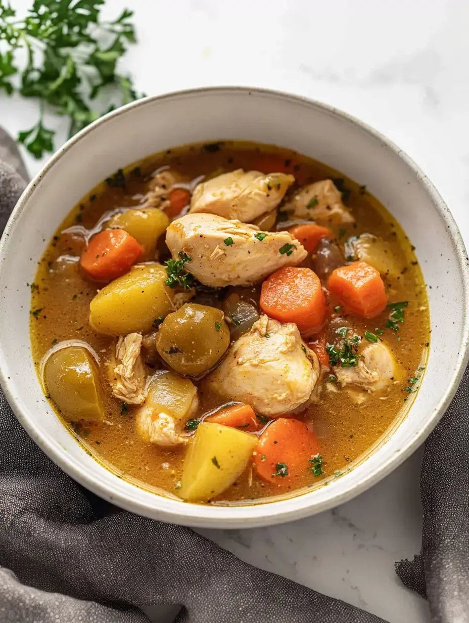 Un bol de soupe de poulet bien garnie avec morceaux de poulet, carottes, pommes de terre, olives vertes et persil.