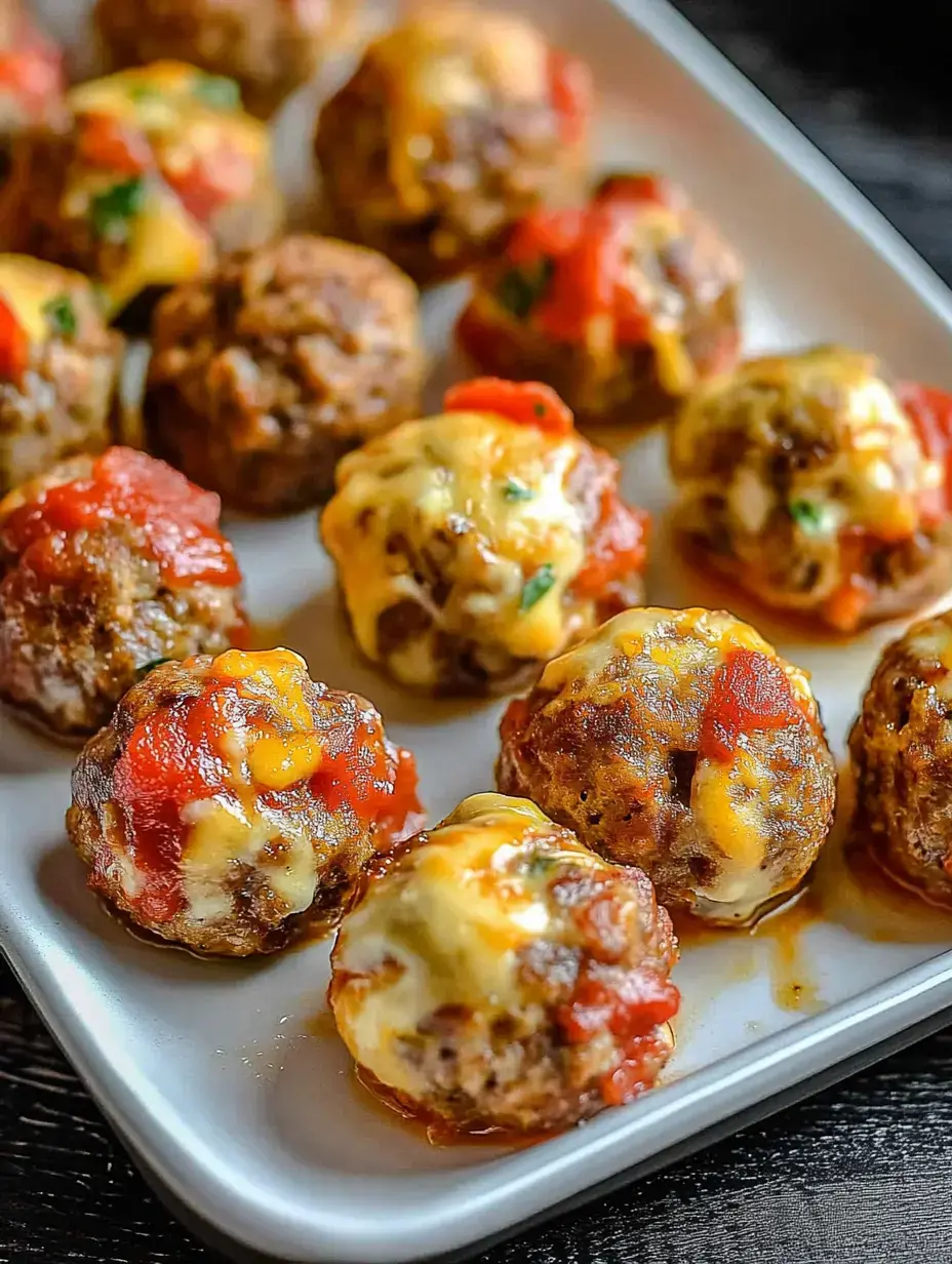 Un plat garni de boulettes dorées nappées de fromage fondu et d’une sauce tomate rouge.