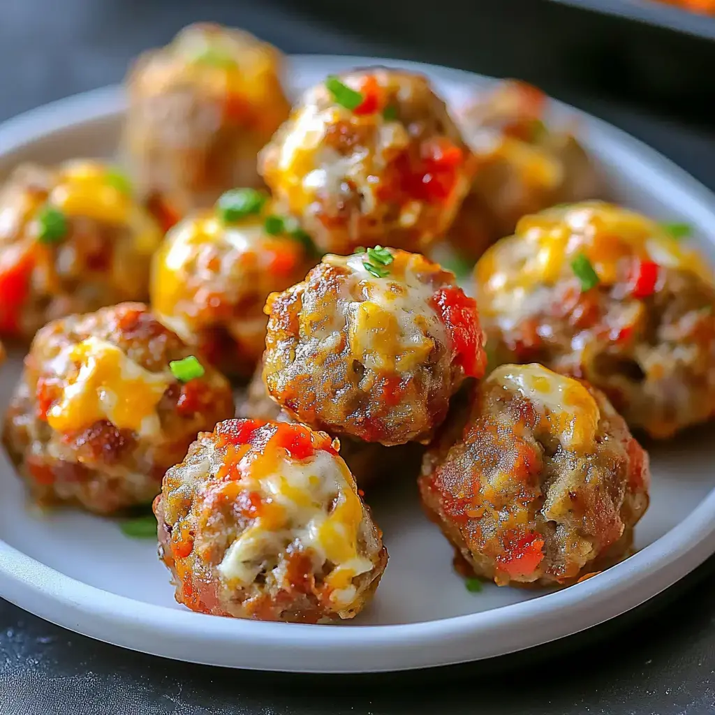 Zoom sur une assiette remplie de boulettes dorées nappées de fromage fondu et de touches colorées de poivrons rouges et verts.