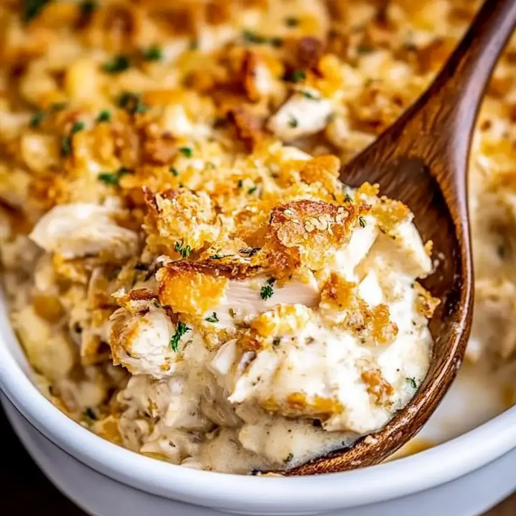 Un gratin de poulet crémeux parsemé d’un dessus croustillant doré dans un plat blanc.
