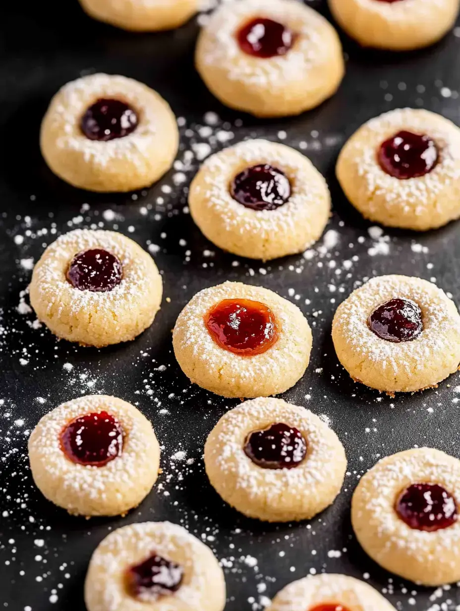 Une plaque de biscuits empreintes au cœur de confitures et saupoudrés de sucre glace, avec des parfums variés.
