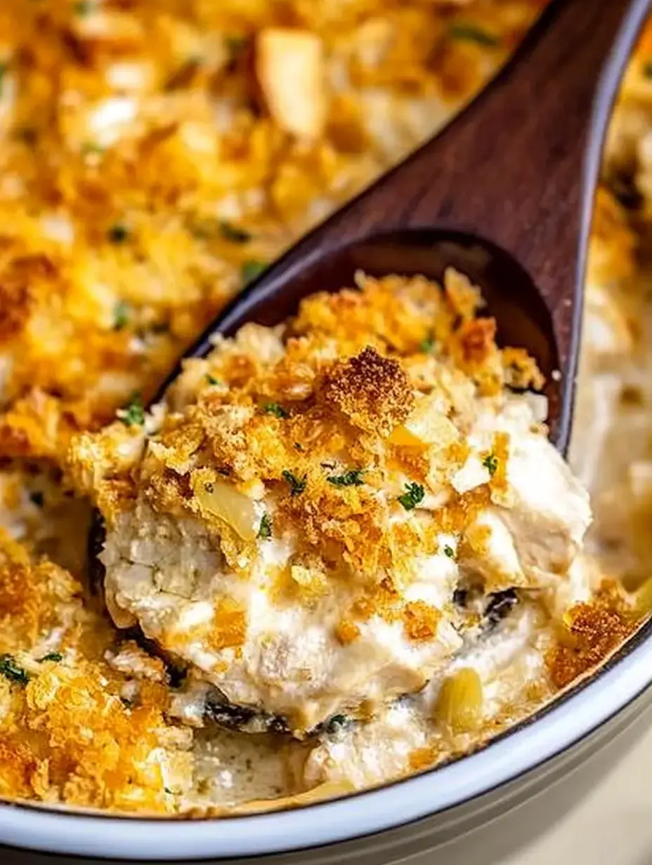 Une cuillère en bois sert un gratin de poulet crémeux recouvert de miettes croustillantes et d’herbes, tout juste sorti du four.