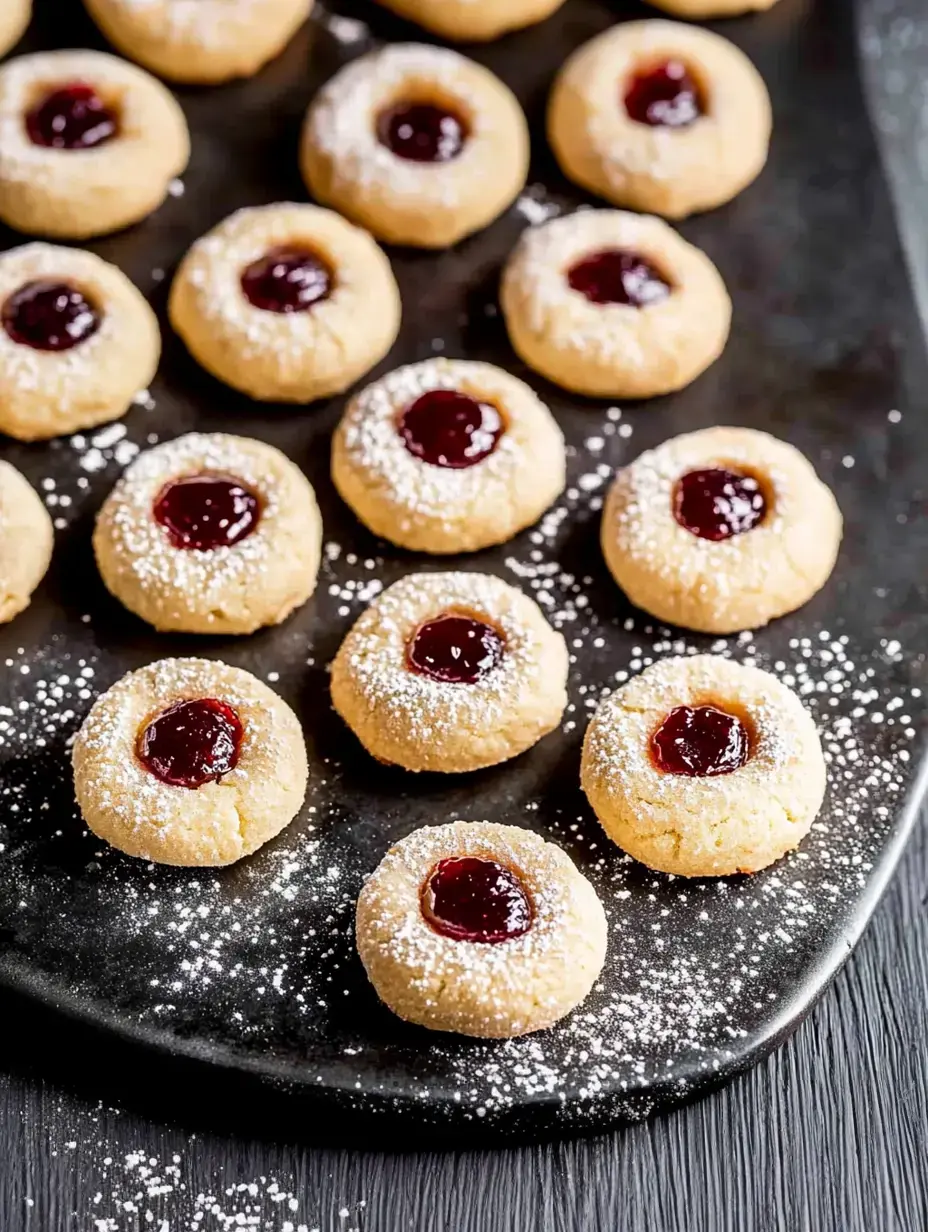 Des biscuits ronds saupoudrés de sucre glace avec un cœur de confiture rouge brillant, bien rangés sur un fond foncé.