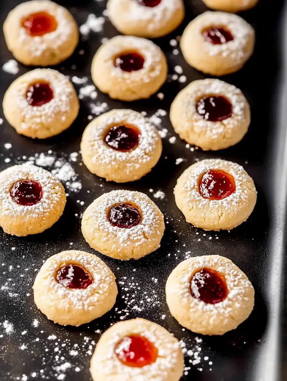 Une plaque de biscuits ronds avec des centres de confiture colorés et une touche de sucre glace.