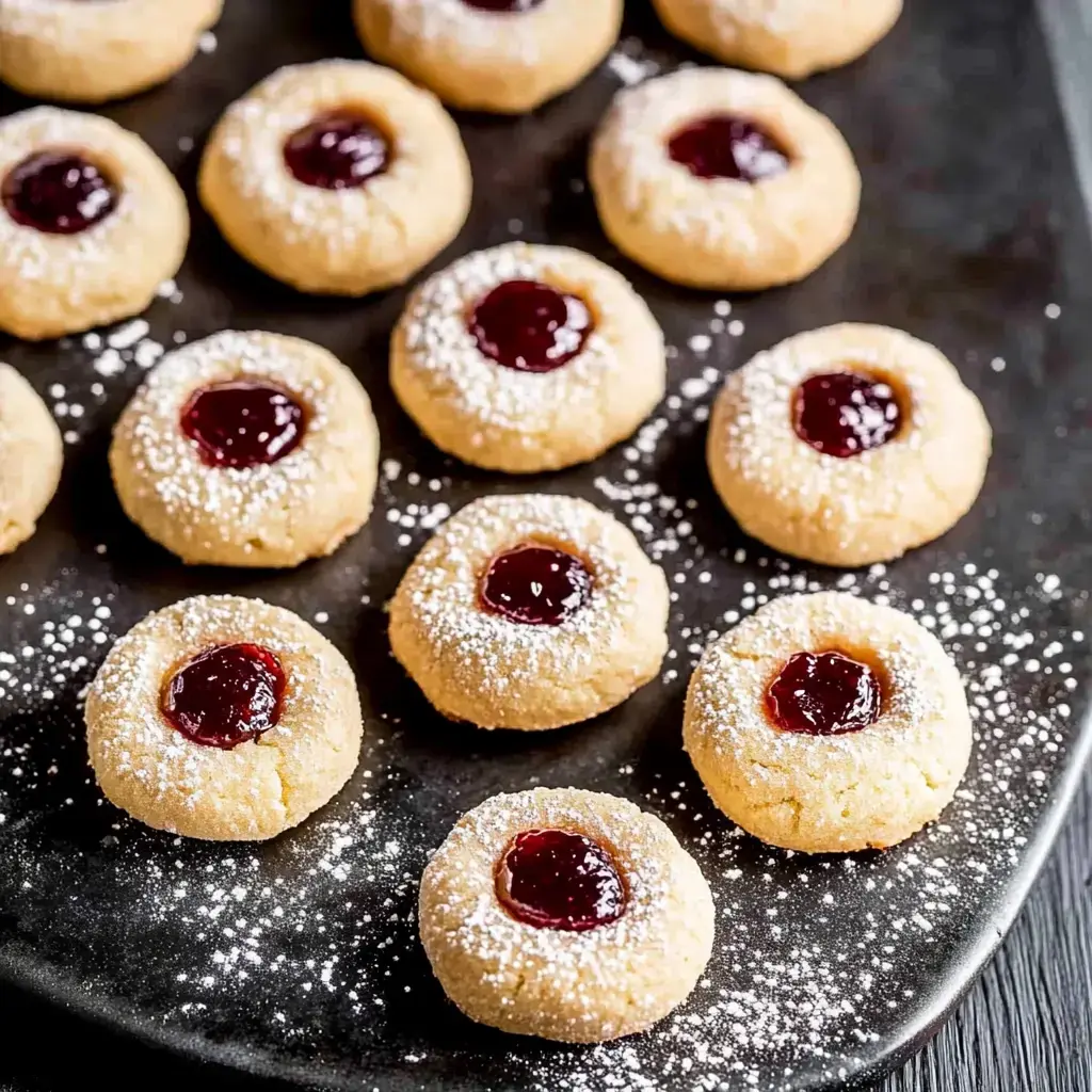 Une assiette de biscuits tout juste cuits, saupoudrés de sucre glace et garnis de confiture rouge.