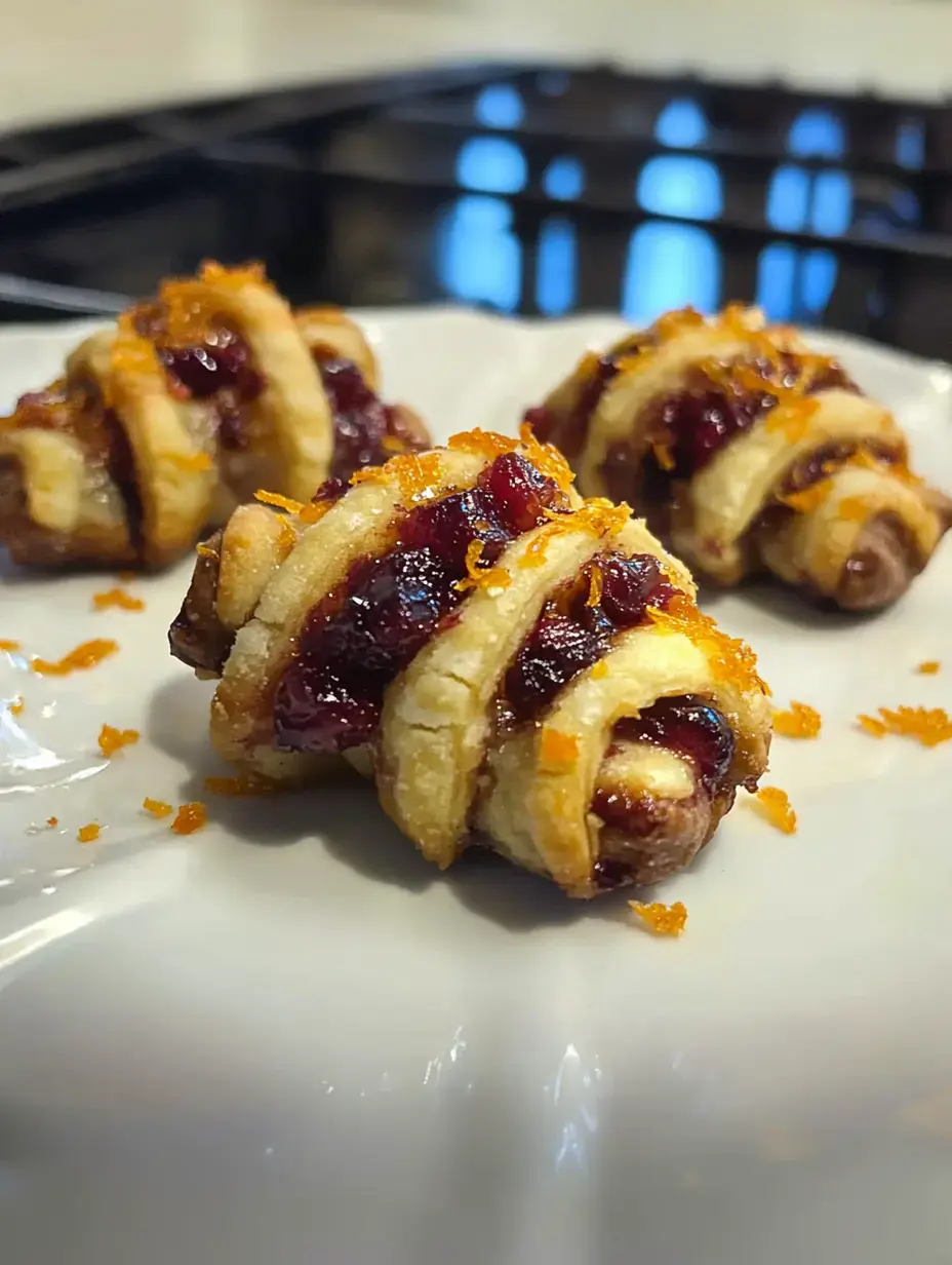 Des petits biscuits dorés, croustillants, garnis de confiture de cranberry et zestes d’orange, joliment dressés sur une assiette.