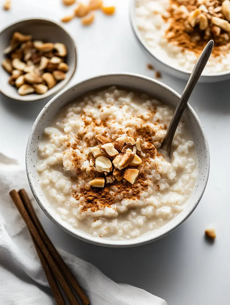 Un bol de riz au lait crémeux garni de noix concassées et d’un brin de cannelle, à côté d’une coupelle de fruits secs et quelques bâtons de cannelle.