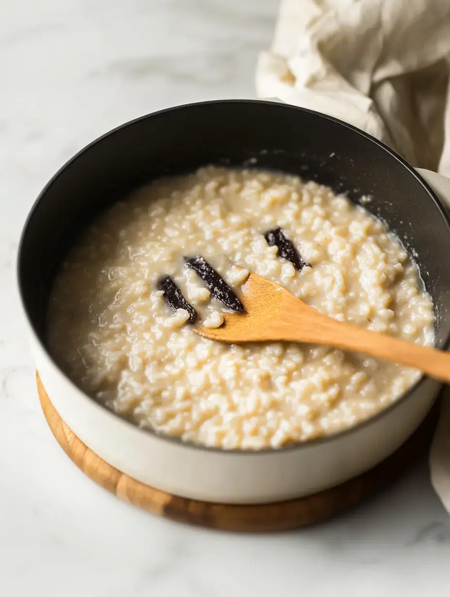 Une cuillère en bois mélange du riz au lait crémeux dans une casserole noire, avec des gousses de vanille dessus, sur un sous-plat en bois et un fond en marbre clair.