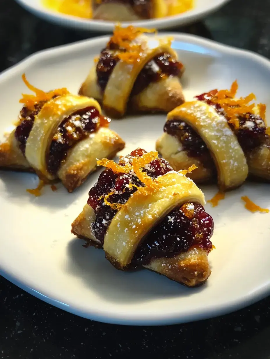 Une assiette de biscuits dorés et croustillants, fourrés de confiture rouge et décorés de zestes d’orange.