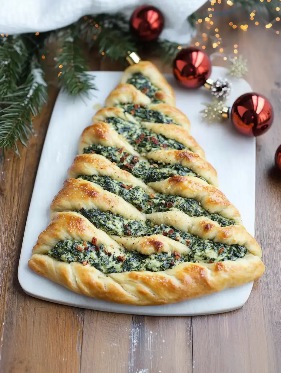 Un feuilleté torsadé en forme de sapin, garni d’épinards et de fromage, exposé sur un plat blanc entouré de déco de fête.