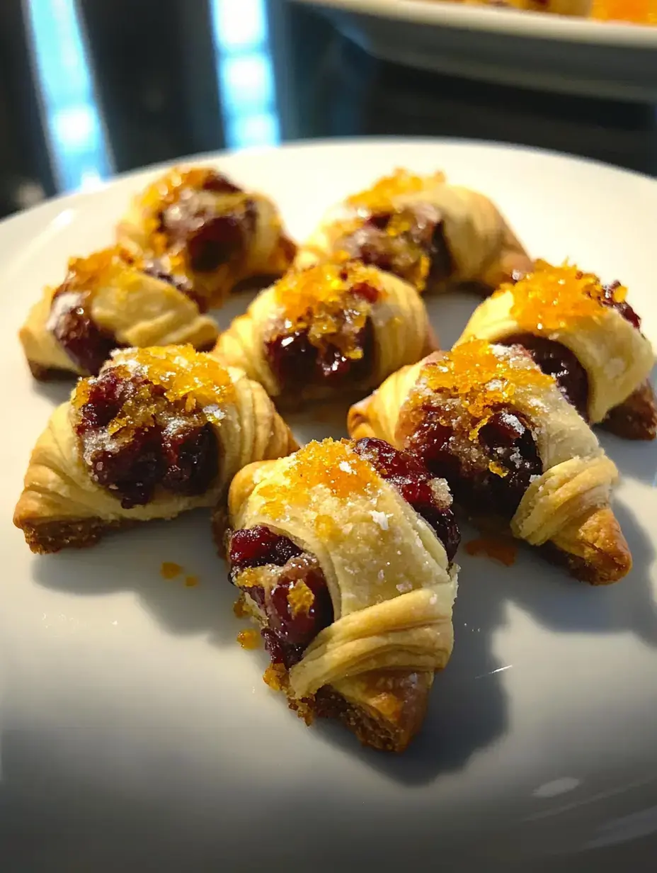 Jolis biscuits en forme de croissant, farcis de cranberry, parsemés de zestes d’orange et saupoudrés de sucre glace.