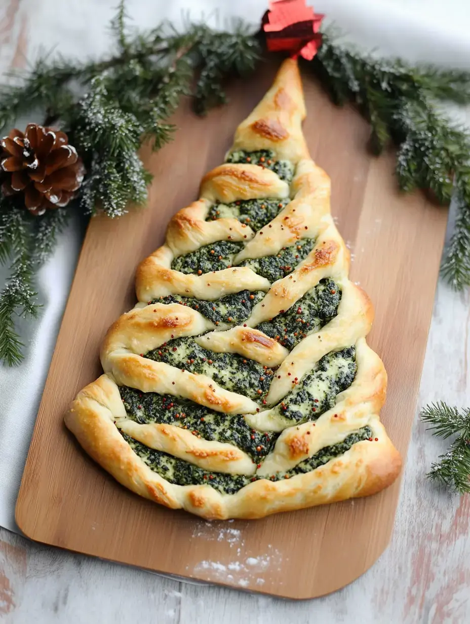 Un feuilleté en sapin garni de préparation verte et saupoudré de déco, posé sur une planche en bois avec des accessoires festifs tout autour.