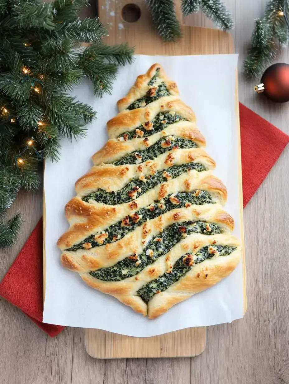 Un joli sapin en pâte, garni d’épinards et de fromage, présenté sur une planche en bois avec une ambiance festive autour.