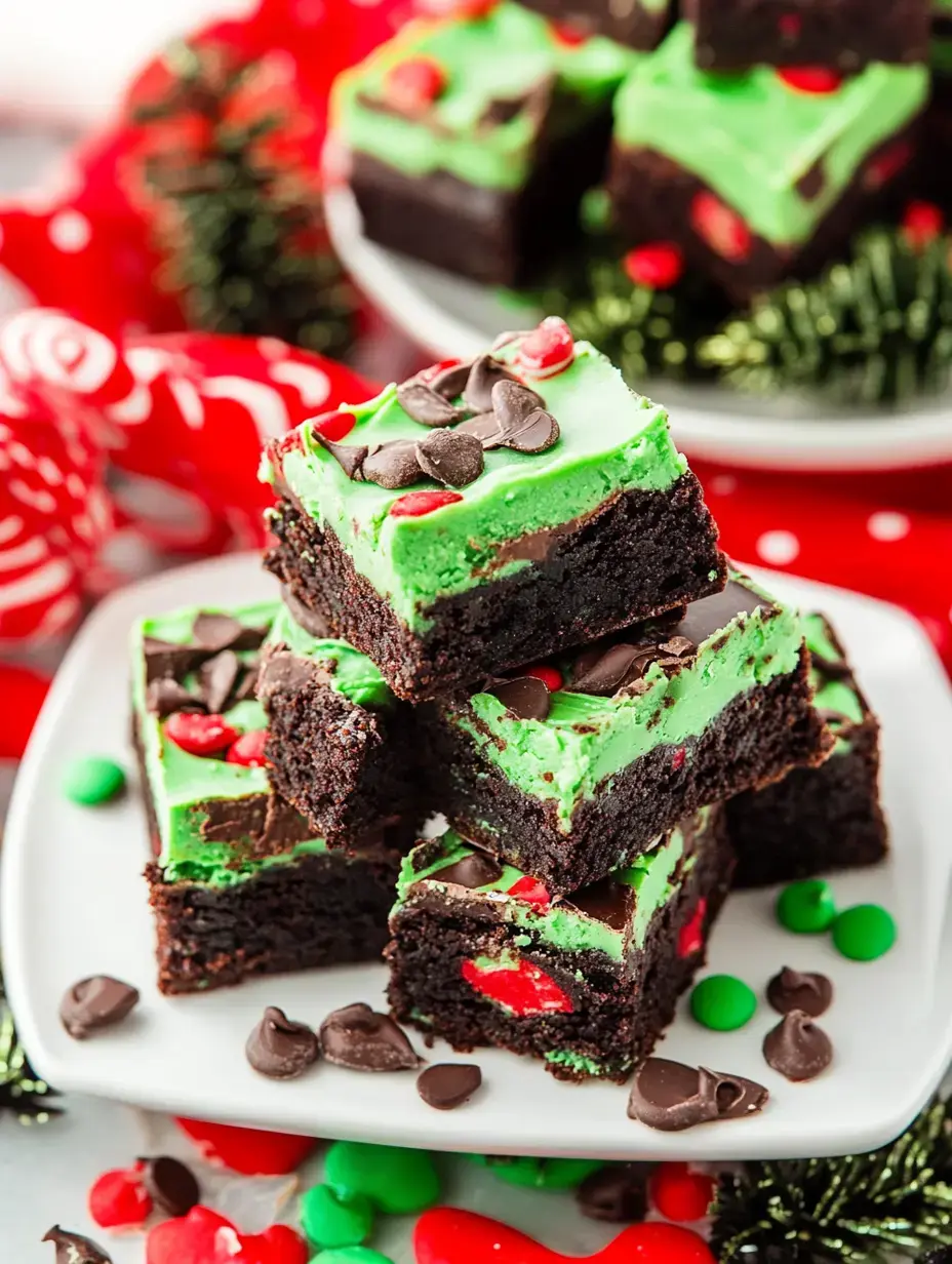Pile de brownies festifs avec glaçage vert, pépites de chocolat, et bonbons rouges et verts sur un décor tout Noël.