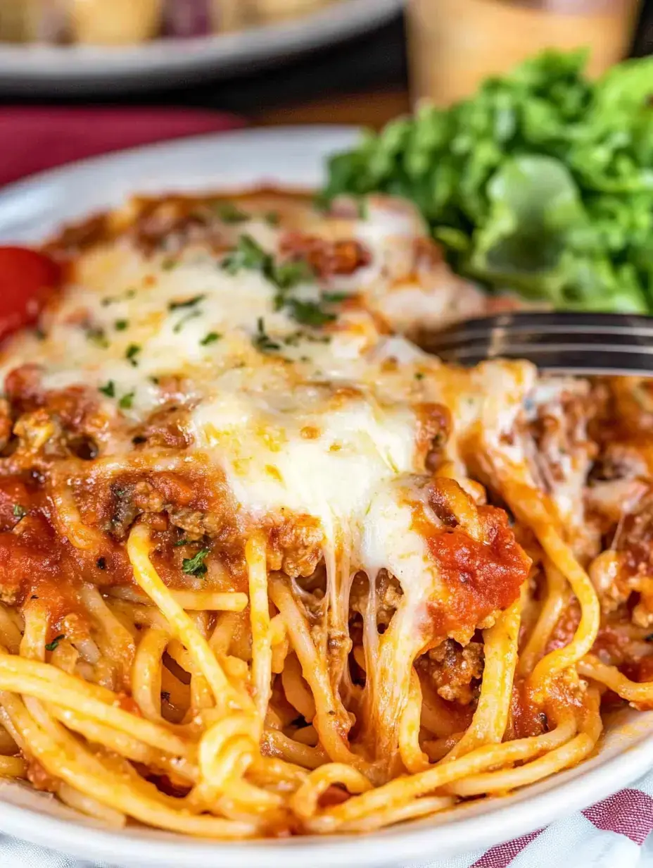 Une assiette de spaghetti fondants sous une couche de fromage fondu et de sauce viande, accompagnée d’une salade verte tout simple.