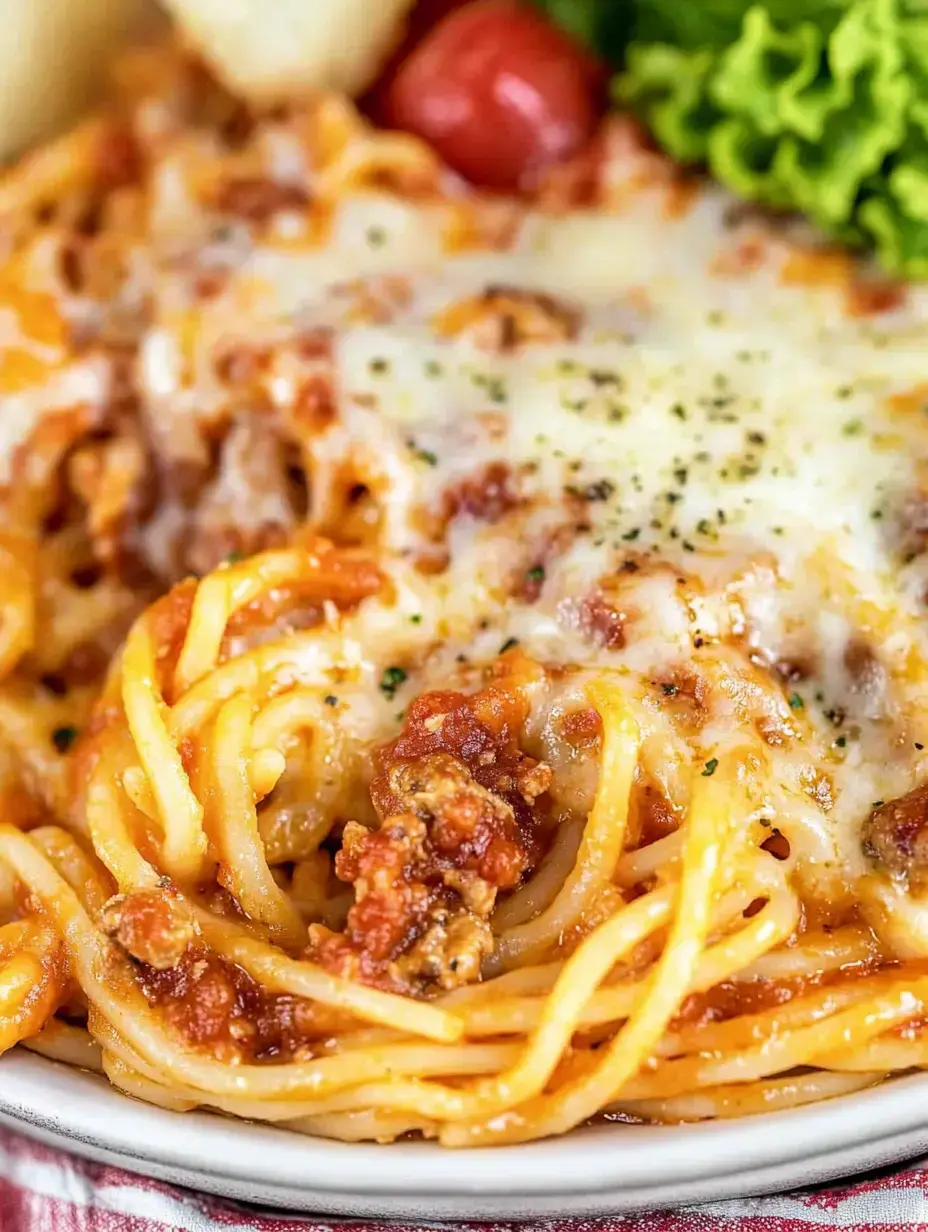 Zoom sur une assiette de spaghetti nappée de sauce viande et gratinée, quelques tomates cerises et de la salade en accompagnement.