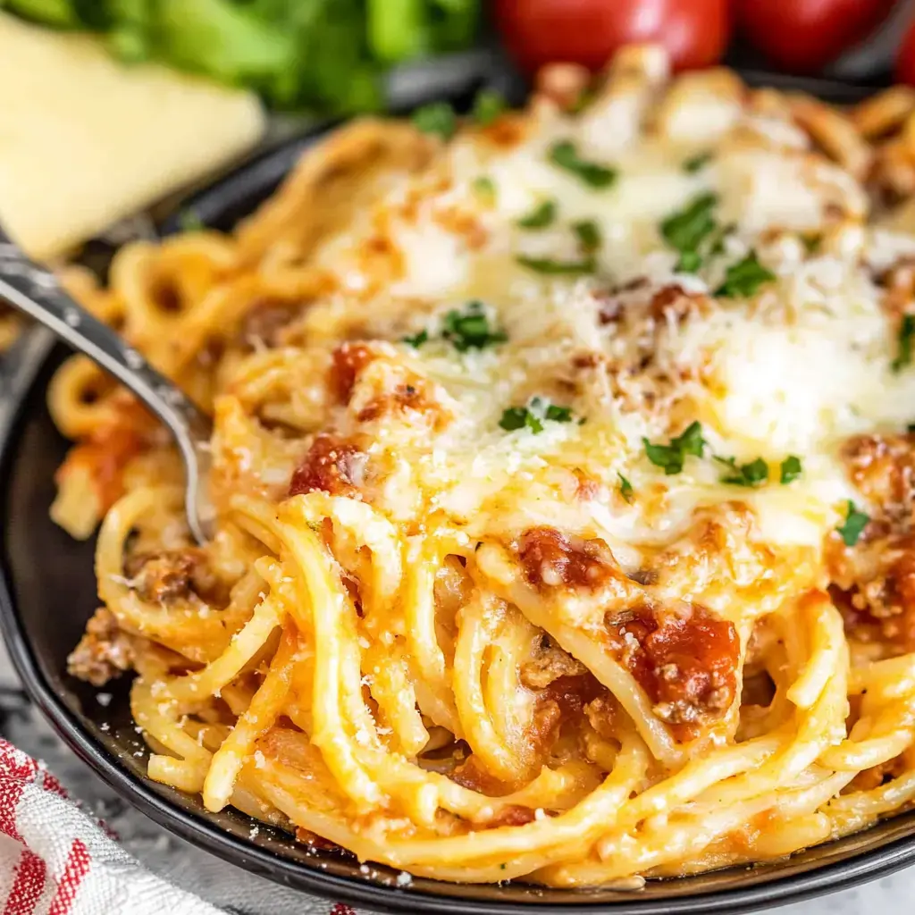 Zoom sur une belle assiette de spaghetti gratinée, joliment dorée et parsemée de persil frais, accompagnée de légumes croquants.