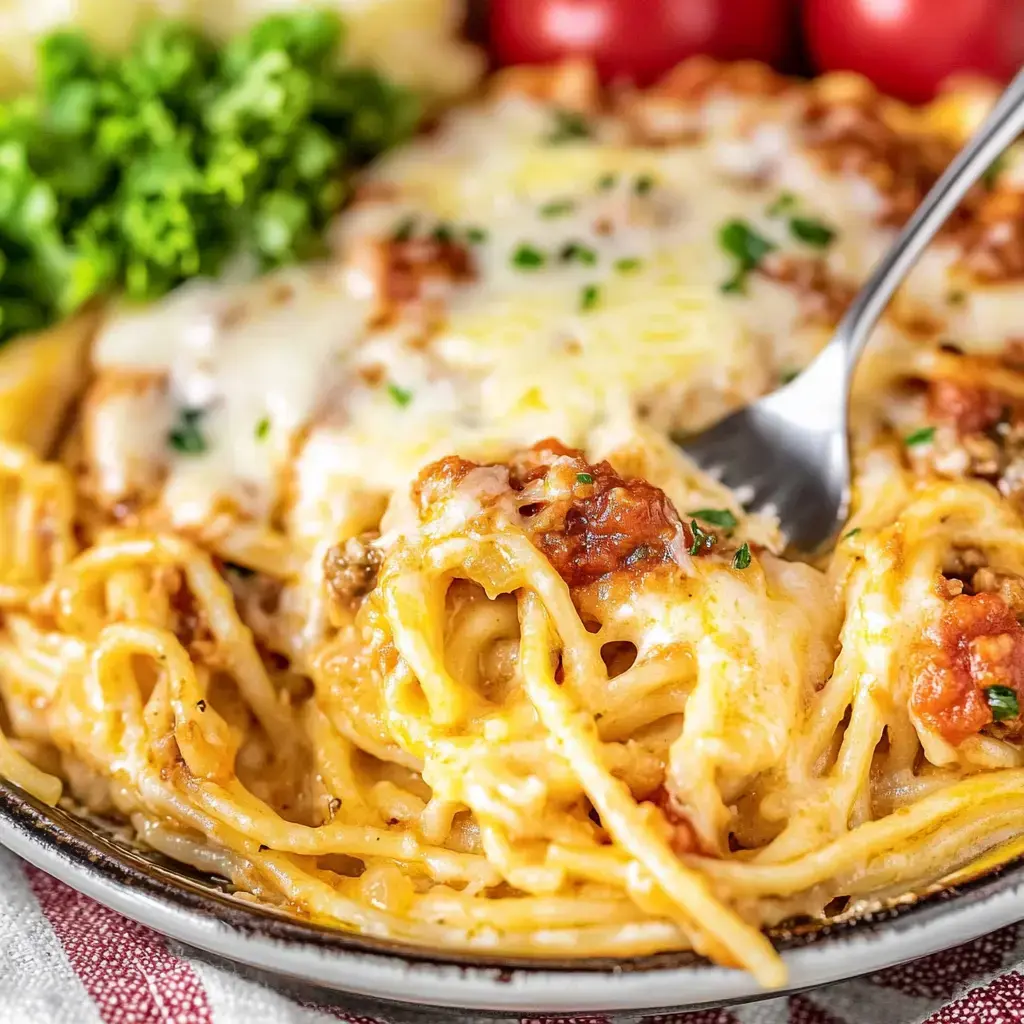 Zoom sur des spaghetti bien crémeux et gratinés, quelques feuilles de persil, salade verte et dés de tomate à côté.