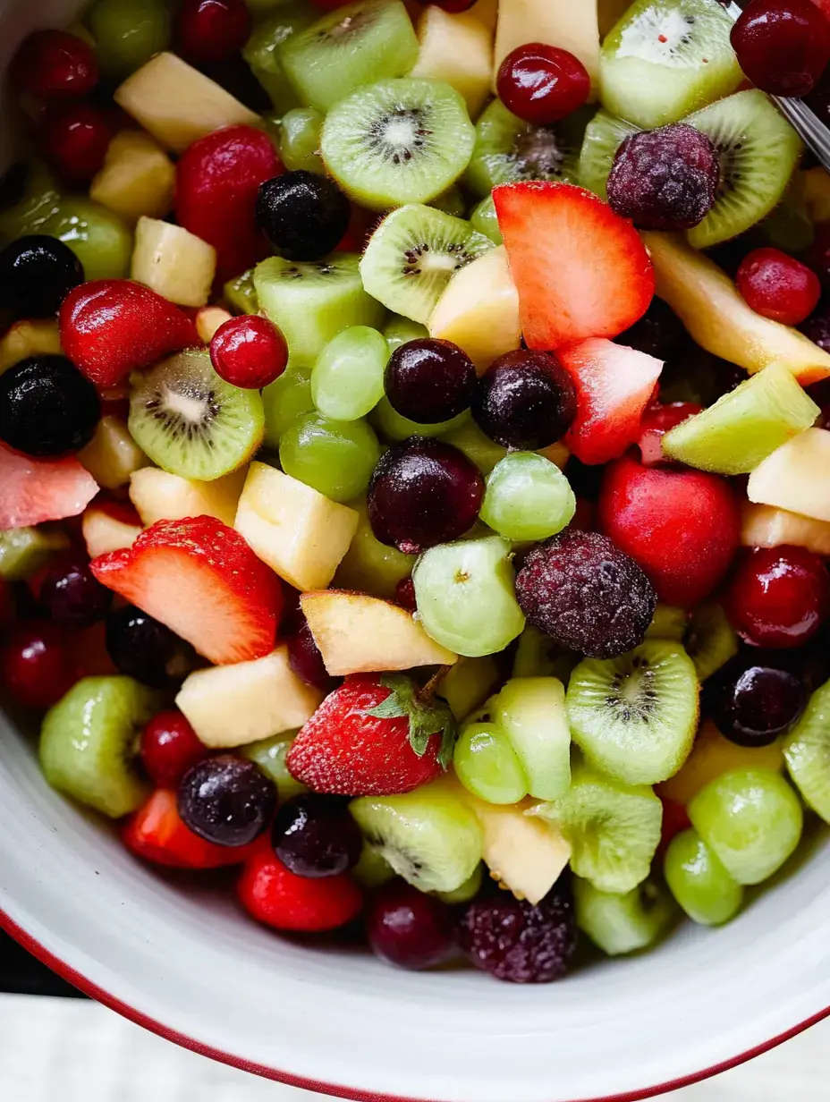 Un saladier rempli d’un mélange coloré de fraises, kiwi, raisins verts, raisins noirs et autres fruits frais.