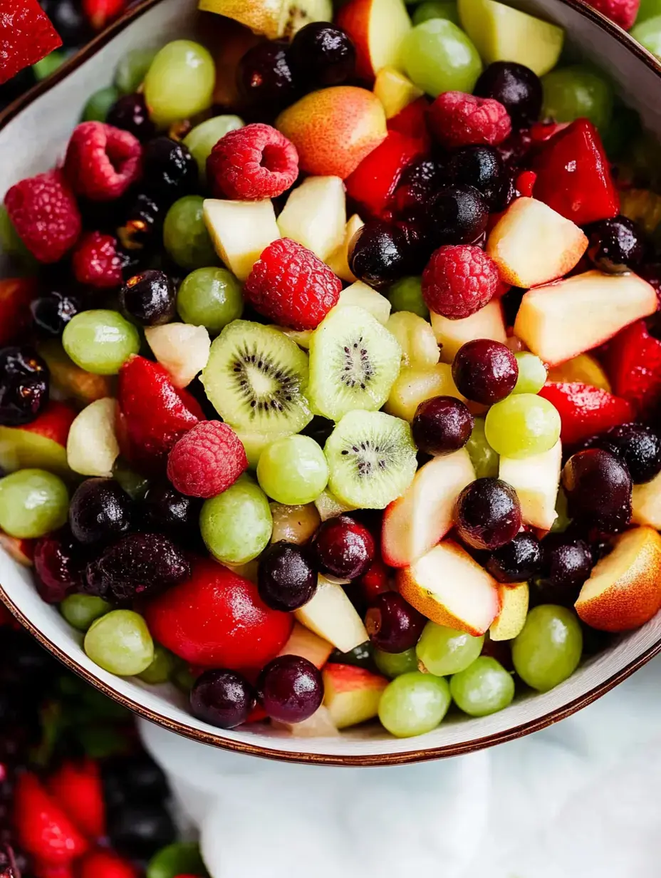 Un bol vivant de fruits mélangés, avec framboises, raisins, kiwi, morceaux de pomme et fraises.