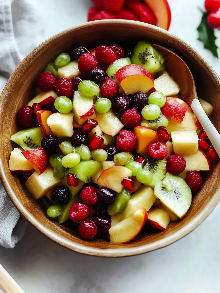 Un saladier en bois rempli d’un mélange coloré de pommes, raisins, framboises, kiwi et graines de grenade.