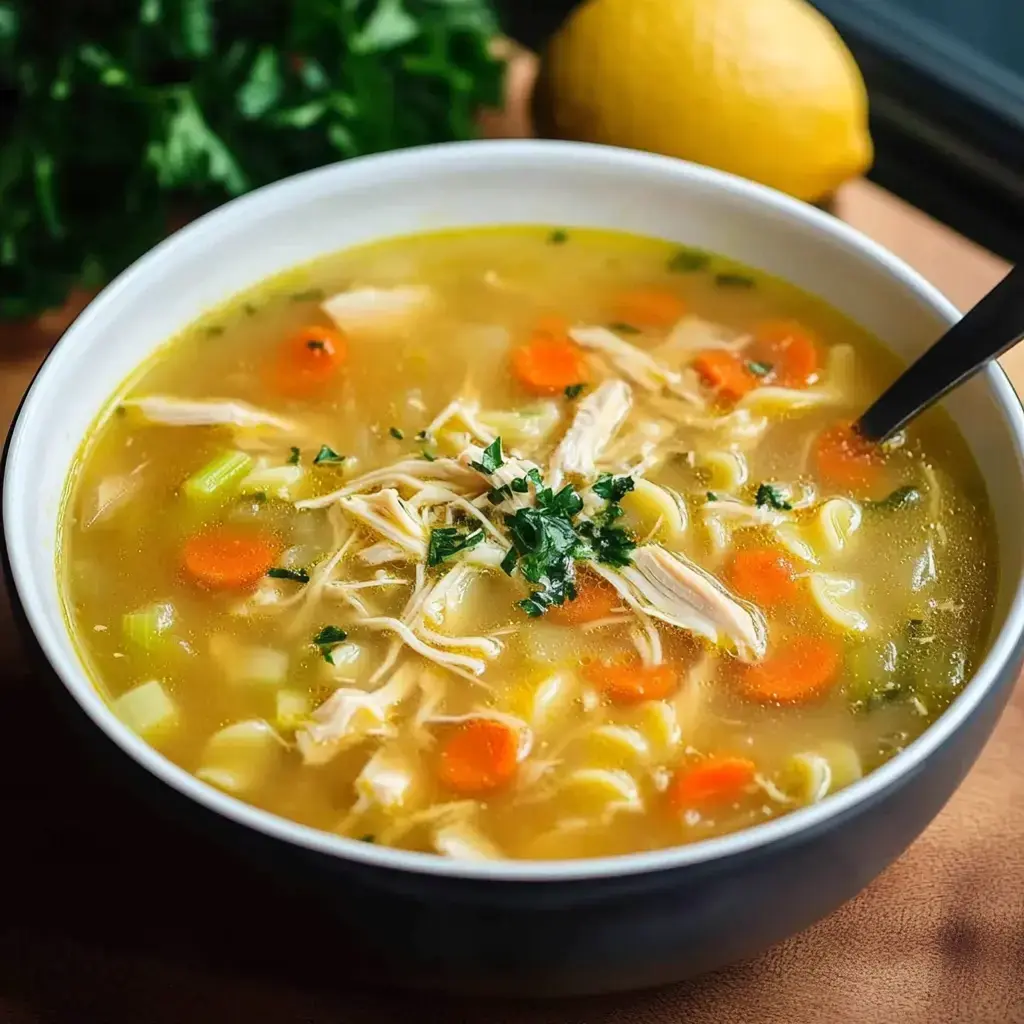 Un bol de soupe de poulet avec des nouilles, des carottes et des herbes, accompagné d’un citron.
