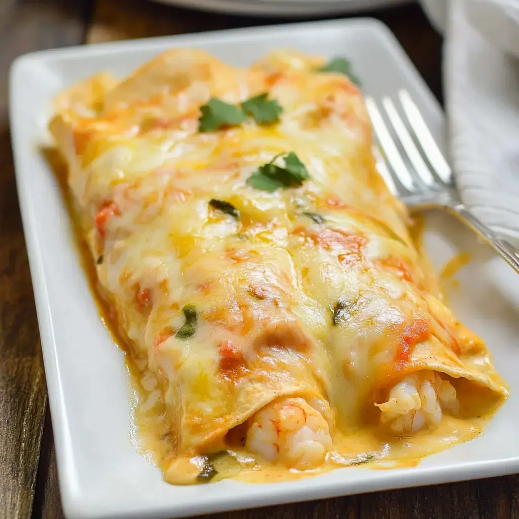 Un plat de tortillas aux crevettes parsemées de coriandre posé sur une table en bois.