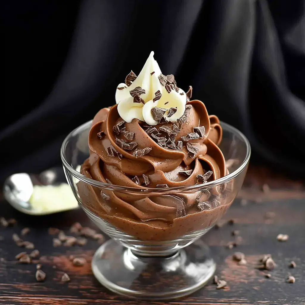 Un bol en verre rempli d'une mousse au chocolat tourbillonnante, agrémentée d'une cuillerée de crème fouettée et de copeaux de chocolat.