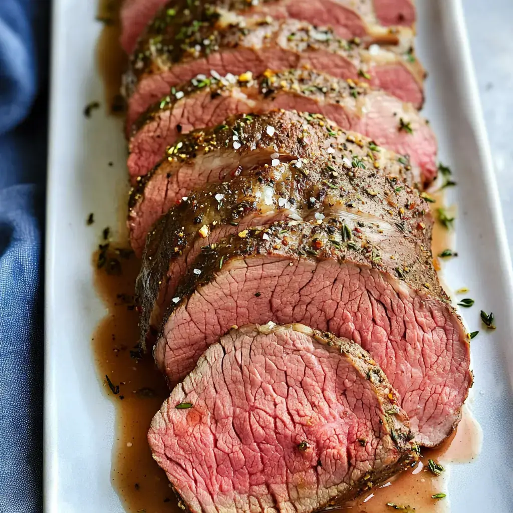 Un plat de filet de boeuf tranché avec soin, assaisonné aux herbes, garni de sel et accompagné d'une sauce savoureuse.