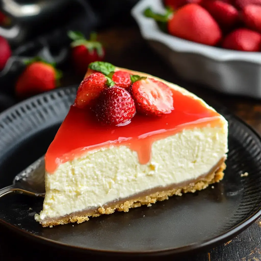 Une part de cheesecake garnie de fraises fraîches et d'un glaçage rouge brillant, servie sur une assiette sombre avec des fraises en arrière-plan.