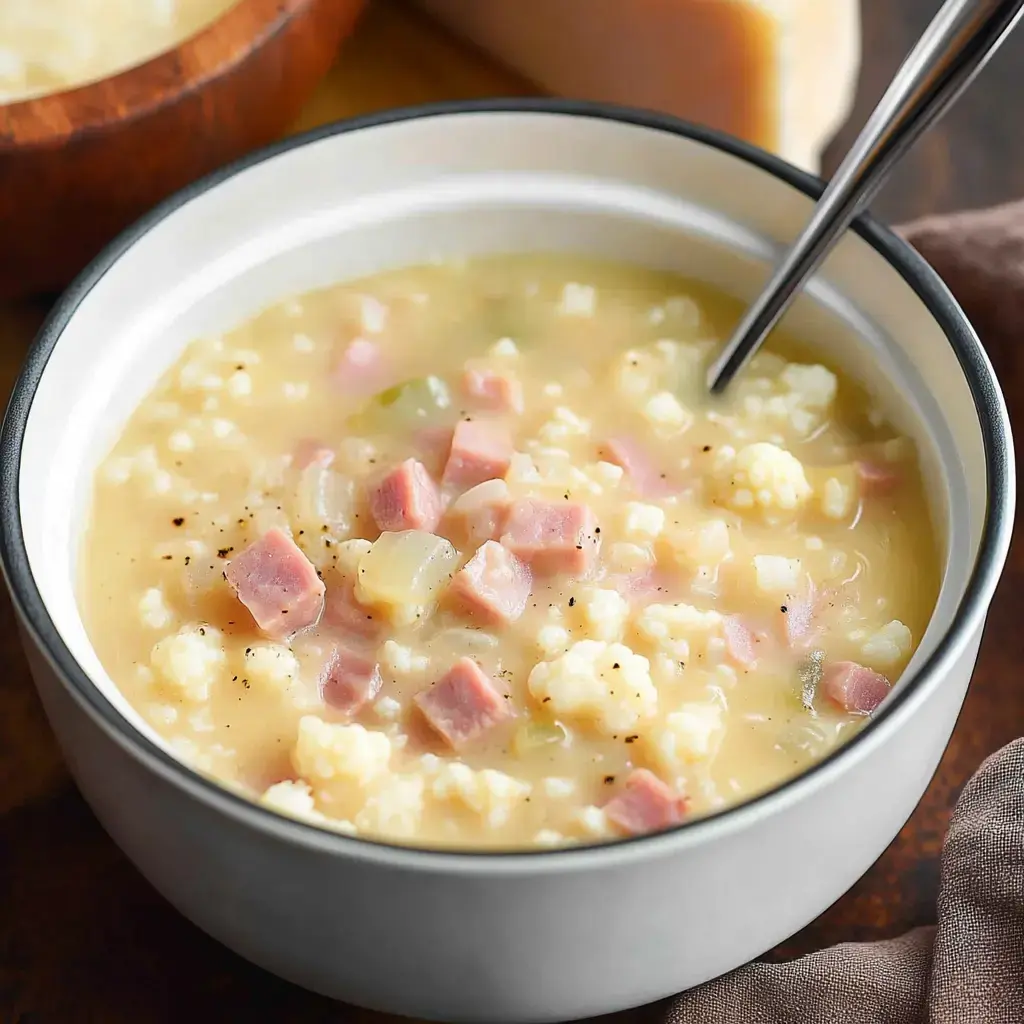 Un gros plan d'un bol de soupe onctueuse contenant des dés de jambon, choux-fleur et légumes, avec une cuillère posée à l'intérieur.