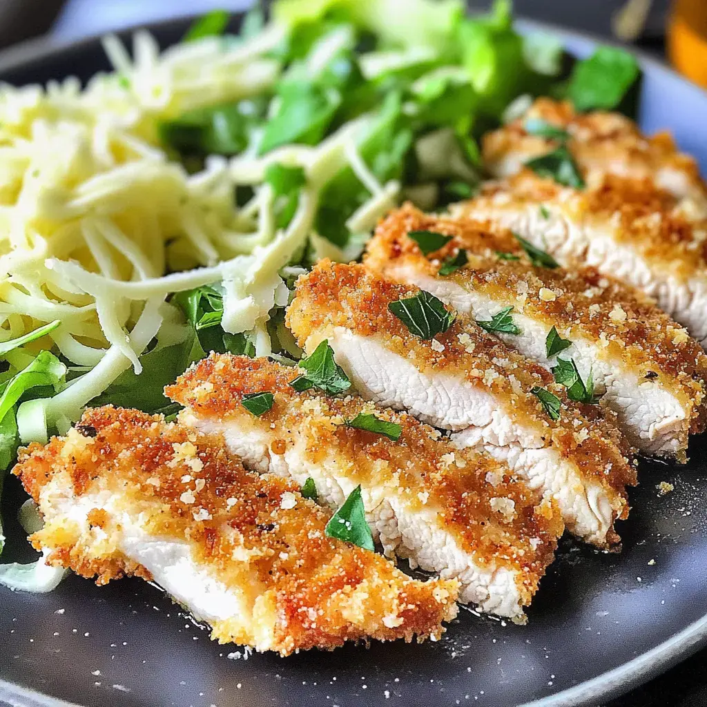Une assiette de poulet pané tranché décoré de persil, servi avec un mélange de légumes verts et du fromage râpé.