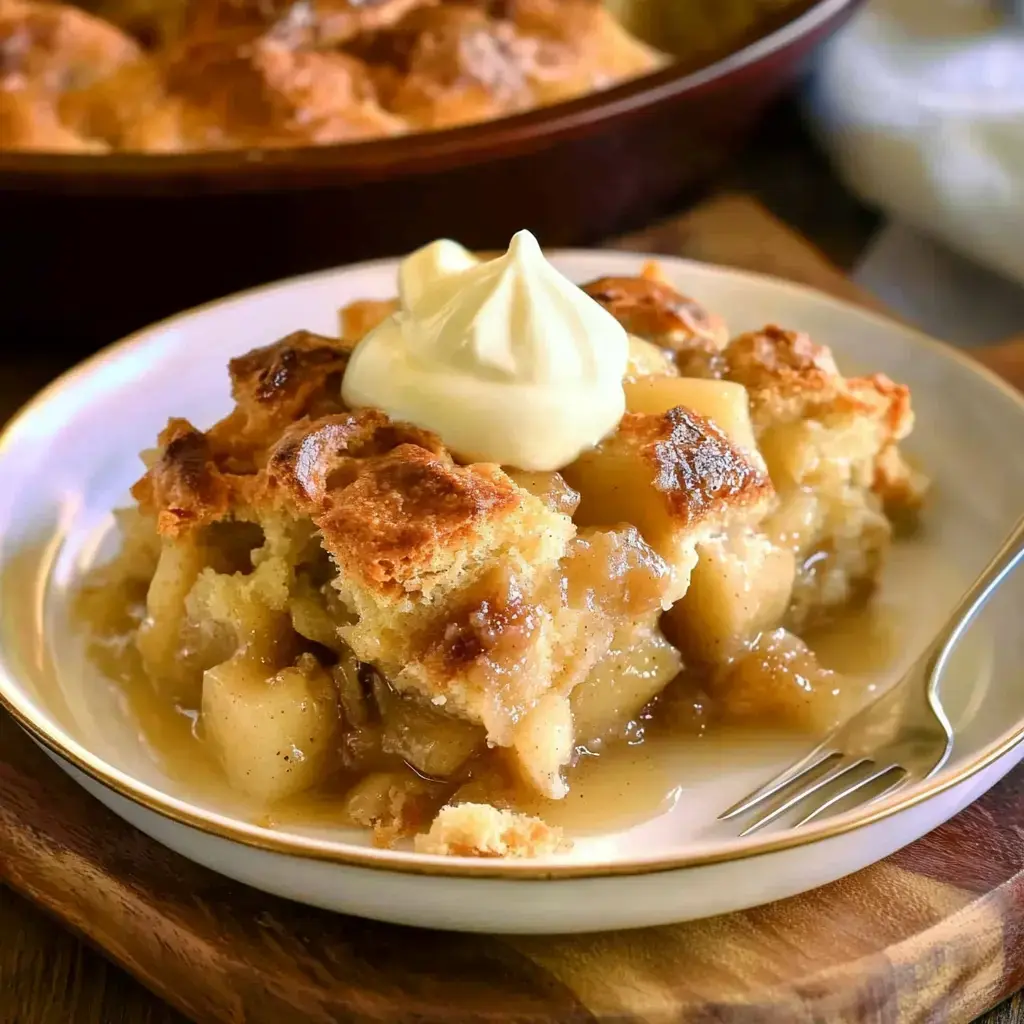 Une part de cobbler aux pommes tiède avec une touche de crème sur une assiette blanche.