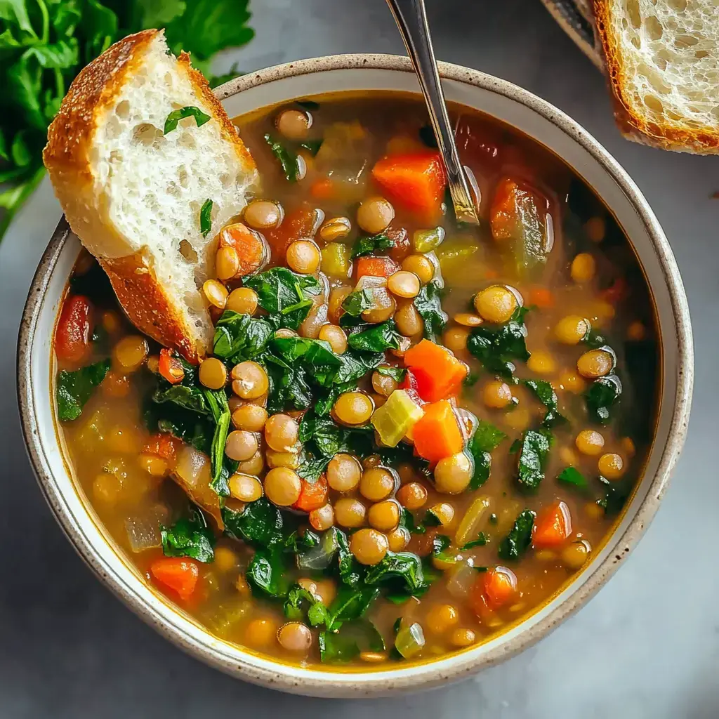 Un bol de soupe aux lentilles avec des épinards, des légumes en dés et un morceau de pain à côté.