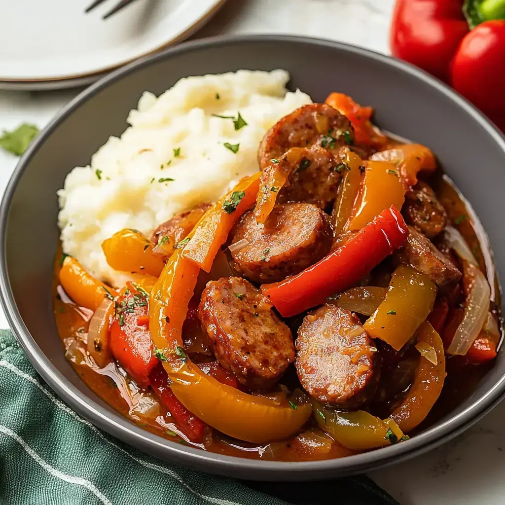 Un bol de saucisses et poivrons colorés accompagné d'une purée crémeuse, décoré d'herbes fraîches.