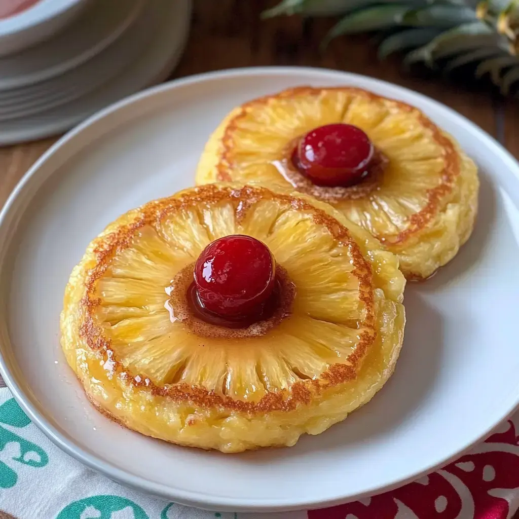Des pancakes avec des rondelles d’ananas caramélisées et des cerises au marasquin.