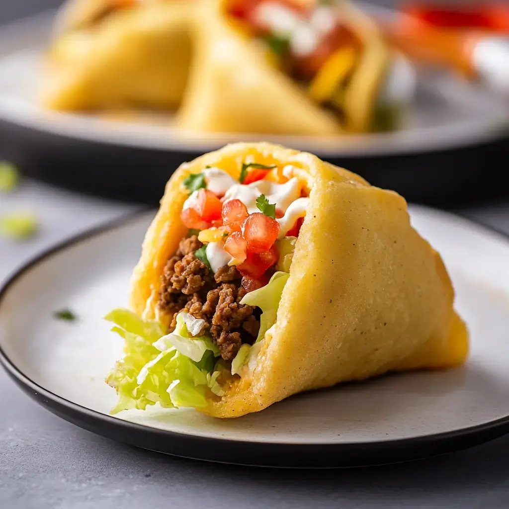 Un gros plan sur un taco rempli de viande hachée, laitue, tomates en dés et sauces sur une assiette.