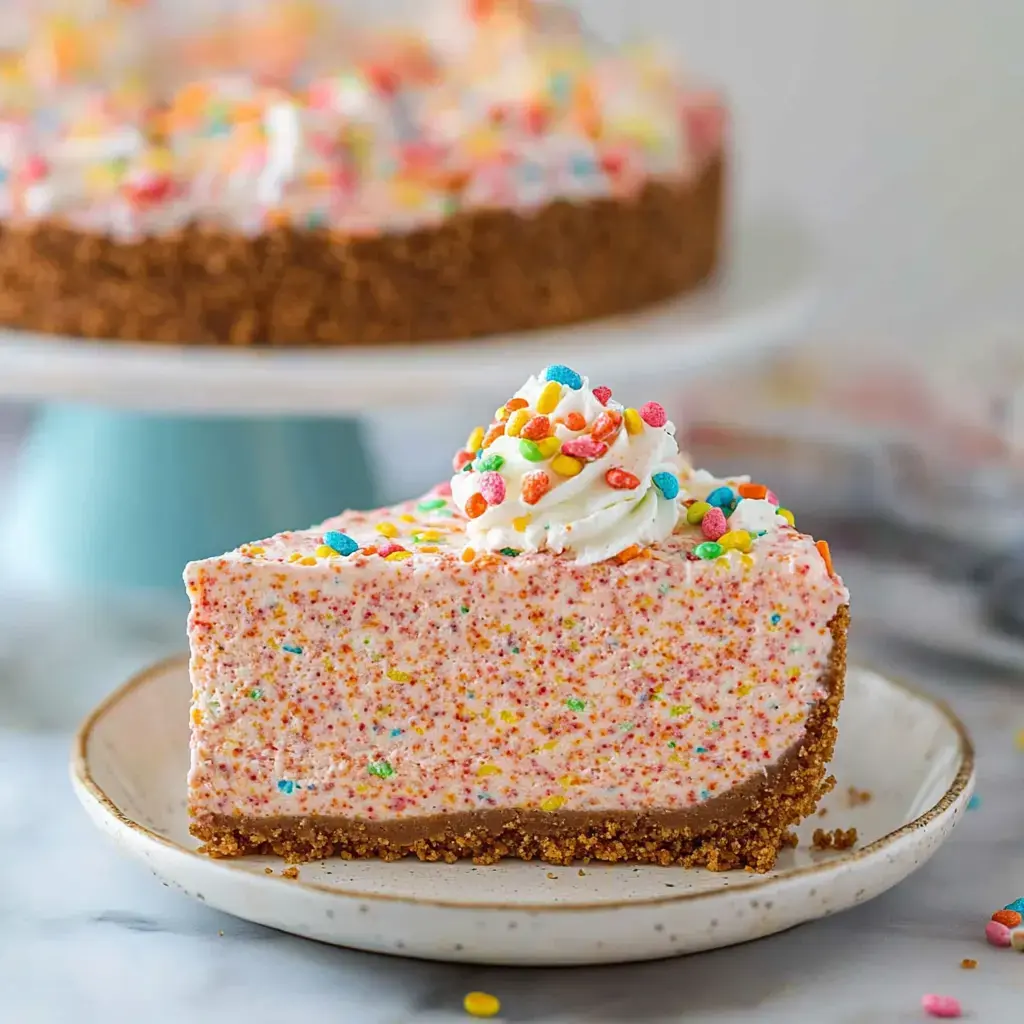 Une part de gâteau coloré avec des Fruity Pebbles, une crème fouettée et des paillettes, servie dans une assiette avec le reste du gâteau flouté en arrière-plan.