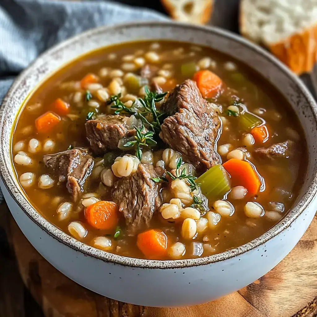Un bol chaleureux de soupe bœuf et orge avec carottes, céleri et herbes, accompagné de tranches de pain.
