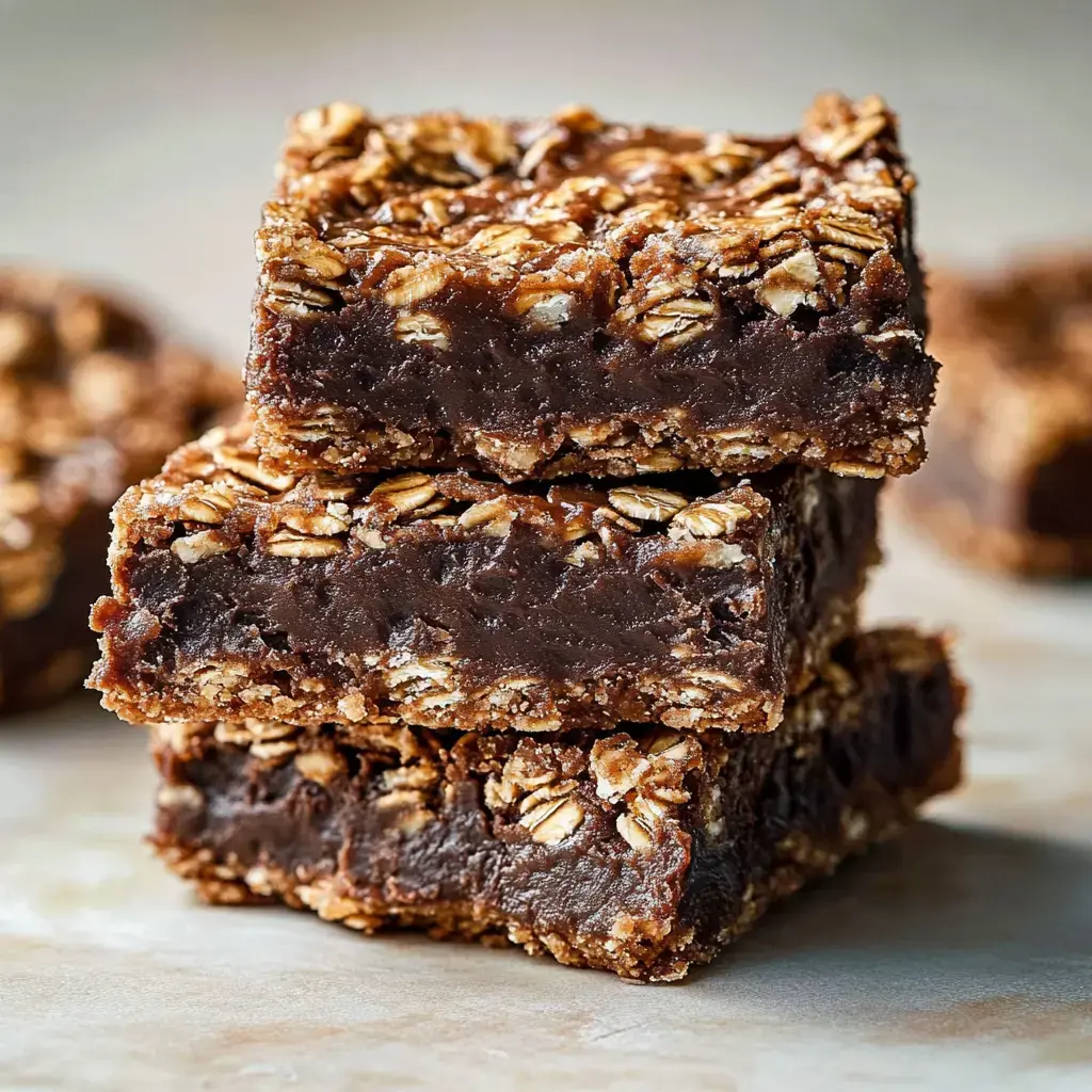 Un tas de barres gourmandes au chocolat et avoine, révélant des couches d’avoine et un riche nappage au chocolat.