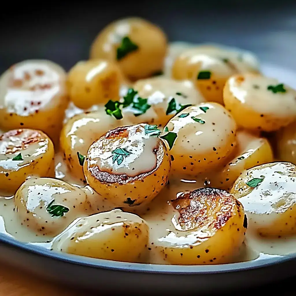 Pommes de terre dorées avec persil frais dans un plat blanc.