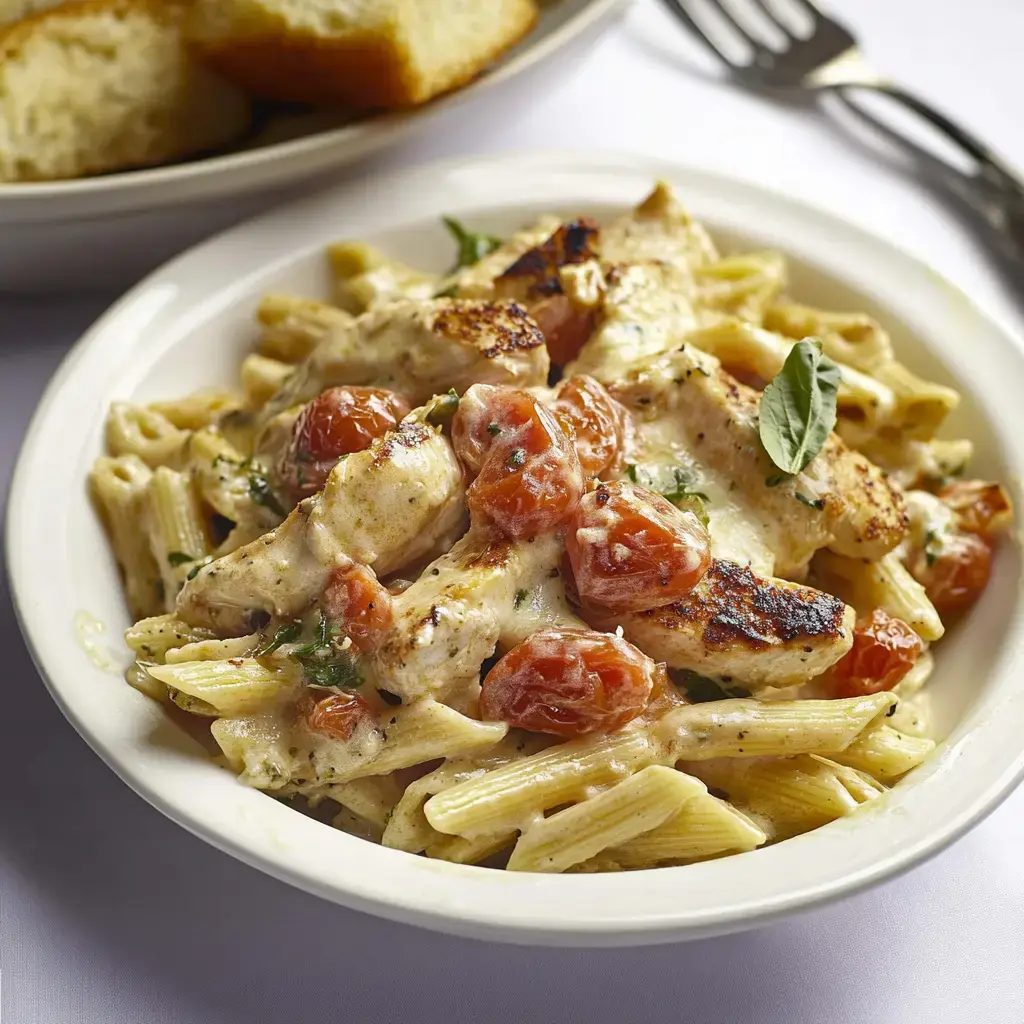 Une assiette de penne crémeuses avec poulet grillé, tomates cerises et basilic, servie avec une tranche de pain.