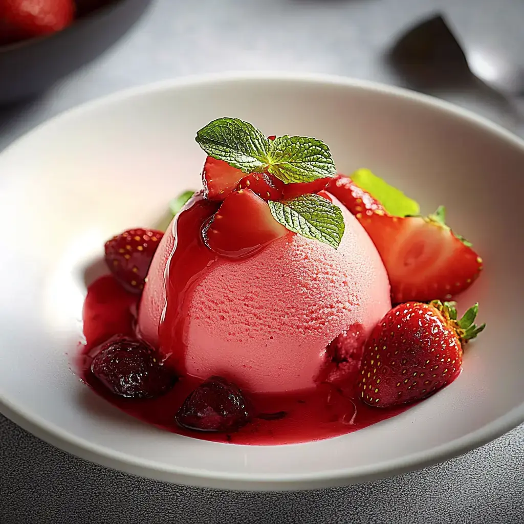 Une boule de sorbet rose à la fraise, accompagnée de fraises fraîches et de feuilles de menthe, servie dans un bol blanc avec un coulis de fruits rouges.