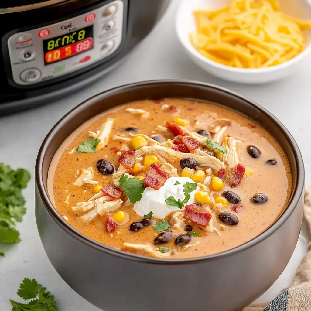 Un bol de soupe crémeuse au poulet avec des haricots noirs, du maïs, des morceaux de bacon, garni de coriandre et de crème fraîche, à côté d’une mijoteuse affichant le temps de cuisson.