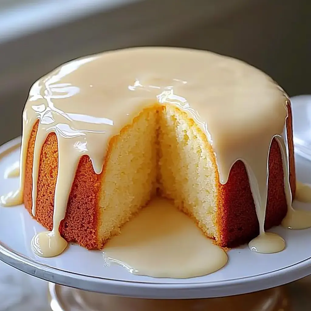 Un gâteau rond nappé d'un glaçage brillant est présenté sur une assiette, avec une part découpée pour révéler une mie aérienne.