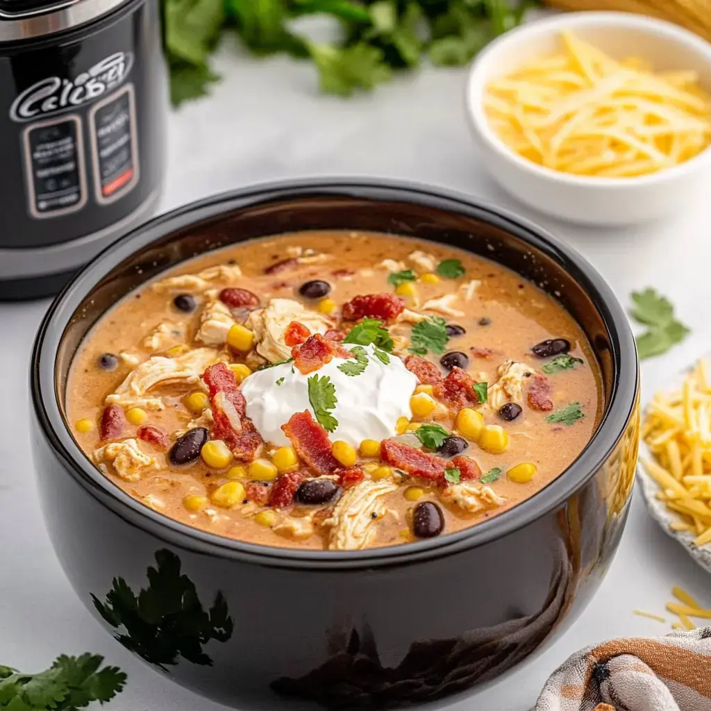 Zoom sur un bol noir rempli de soupe crémeuse au poulet, garnie de poulet effiloché, maïs, bacon, coriandre et une cuillère de crème épaisse, à côté d'un bol de fromage râpé.