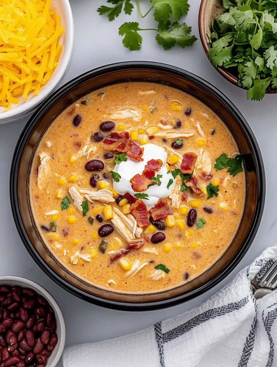 Un bol de soupe crémeuse au poulet avec haricots noirs, maïs, effiloché de poulet, une cuillerée de crème épaisse, éclats de bacon, coriandre fraîche et des bols d’accompagnement autour.