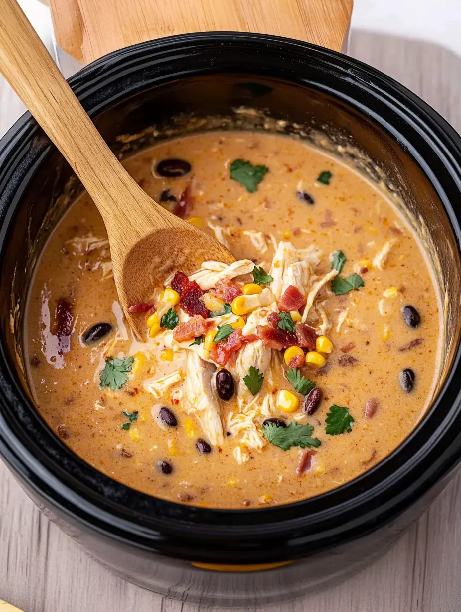 Gros plan sur une soupe de poulet crémeuse dans une mijoteuse noire, avec maïs, haricots noirs, bacon et coriandre, le tout mélangé à la cuillère en bois.