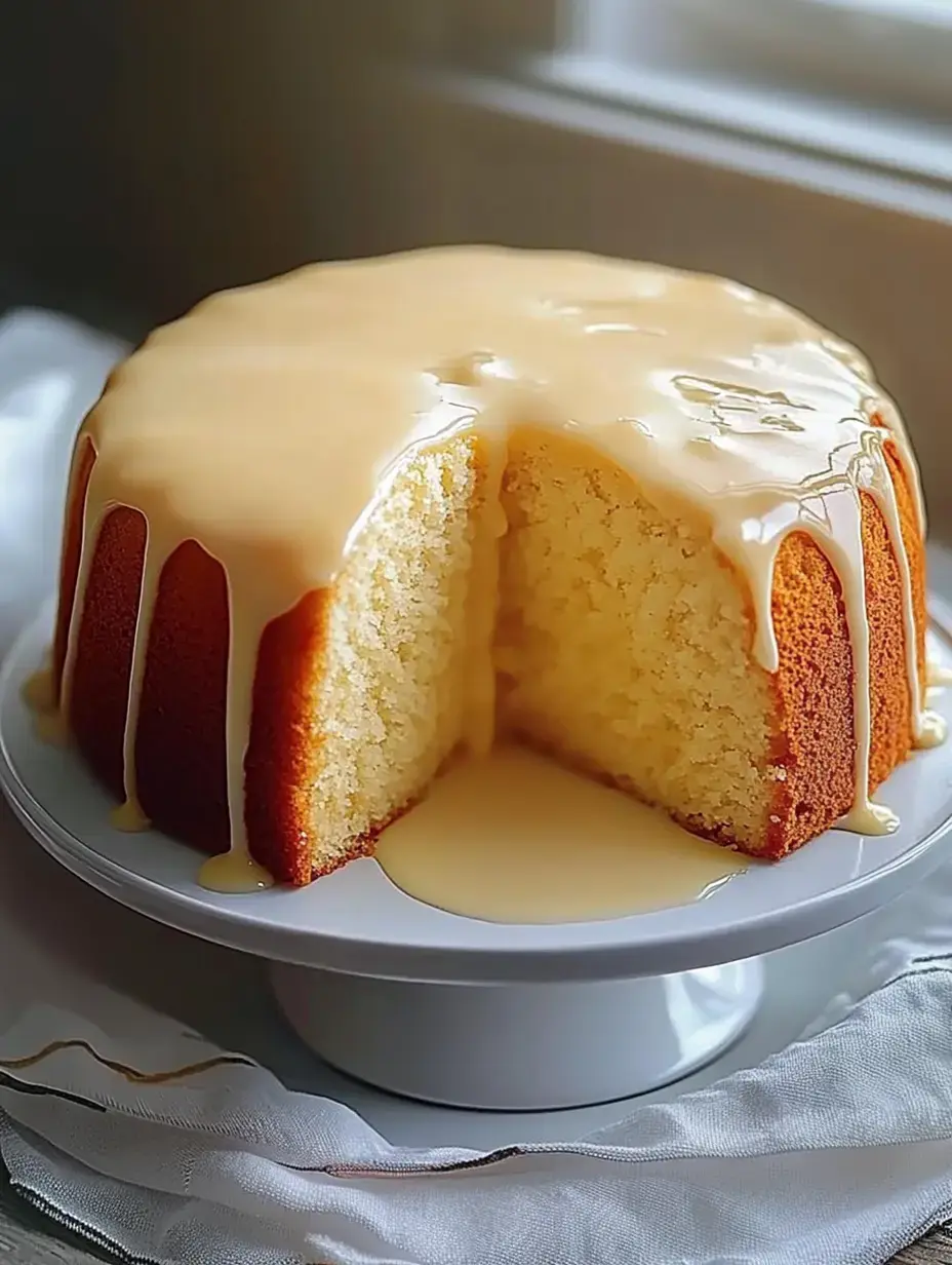Un gâteau tranché avec un nappage brillant sur un plat blanc, son intérieur est bien moelleux et aérien.